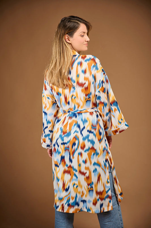 KIMONO A MOTIFS JAUNE ET BLEU